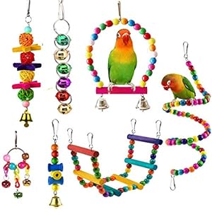 7 Pcs Bird Parrot Toys, ESRISE Hanging Bell Pet Bird Cage Hammock Swing Climbing Ladders Toy Wooden Perch Chewing Toy for Large Parrots, Conures, Love Birds, Small Parakeets Cockatiels, Macaws, Finche