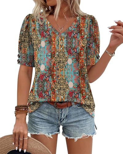 Image of OFEEFAN Womens Tops Short Sleeve Shirts Buttons V Neck Spring Fashion Summer Outfits Plus Size Blouses Dressy Casual