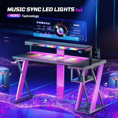 Image of Bestier Computer Desk with Music Sync Light, Flow Vibe Corner Desk with Monitor Stand and PS5 Storage Shelves, Cup Holders, and Headset Hooks for Bedroom Small Space (Black Purple, 57 Inch)