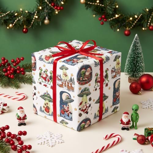 RUSPEPA Christmas Alien Wrapping Paper Roll, UFO Santa Abduction Design — 사진 3