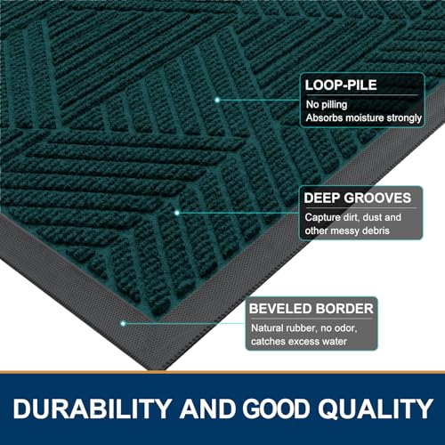 Image of Smiry Front Door Mat Outside Entrance, Heavy Duty Sturdy Natural Rubber Doormat, Trap Dirt and Moisture, Easy Clean Low Profile Welcome Floor Mats for Indoor Outdoor Entry, 35X23 Inch, Atlantic Blue