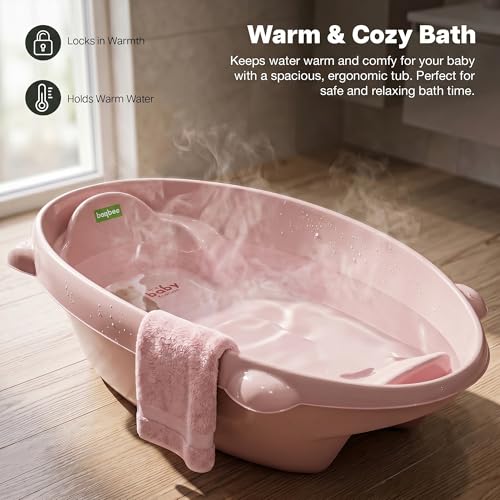 Image of Baybee AquaHug Baby Bath Tub for 0 to 5 Years | Ergonomic Bath Tub for Kids with Anti-Slip Base & Quick Drains | Sitting & Lying Babies Bather & Baby Bathing Tub for Boys Girls (Pink)