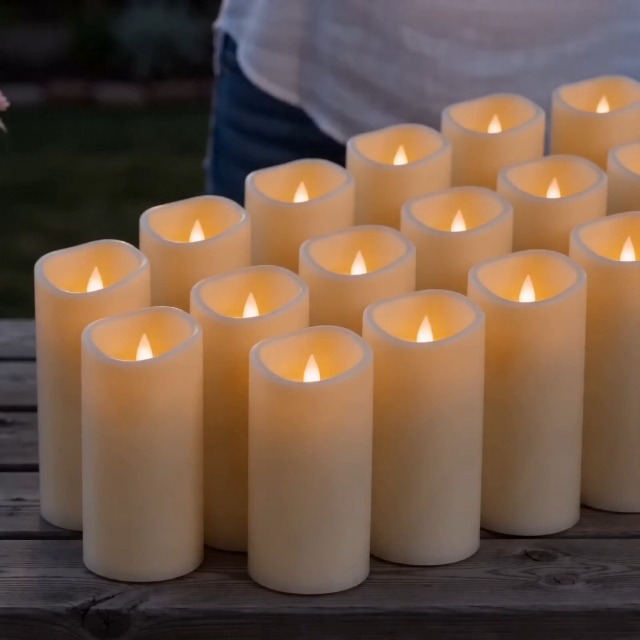 Image of Set of 24 Slim Outdoor LED Candles, Battery Operated Flickering Fake Candles with 10-Key Timers for Patio & Porch Decor, 2.2 Inch Diameter Waterproof Resin Pillars for Large Events & Sconces (White)