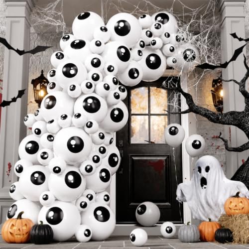 Image of Halloween Eyeball Balloons, 60Pcs Eye Balls Latex Balloon for Party Decor | Pastel Pink Black Balloon, White Ghost 3D Bat Print Latex Balloons, Night Halloween Spooky One Scary Birthday Party Decor