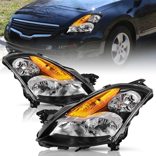 TUSDAR Halogen Headlight Assembly fit for 2007 2008 2009 Nissan Altima 4Dr Sedan Clear Lens Black Housing with Amber Reflector Headlamp Driver and Passenger Side