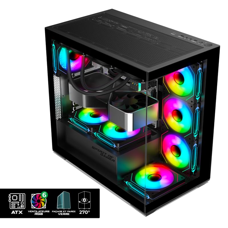 Spirit Of Gamer - Spark Dark, Case PC Gaming RGB Aquarium, Compatibile ATX/mATX/mITX, 6 Ventole ARGB da 120 mm incluse, Torre Gaming Vuota con Pannello Frontale e Laterale in Vetro Temperato da 4 mm