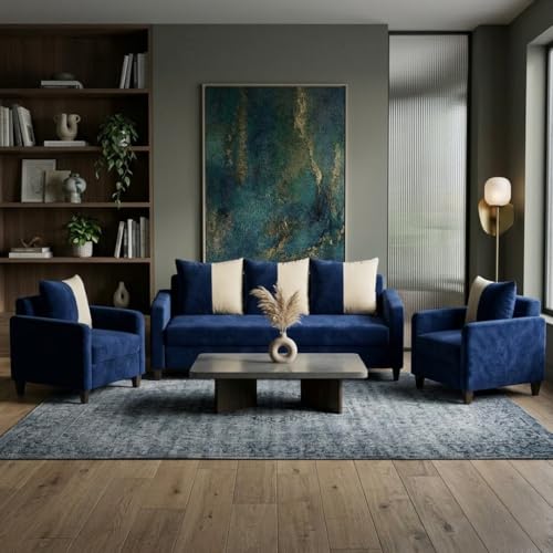 Image of FURNY Rion 3 Seater + 1 Seater + 1 Seater Fabric Sofa Set (Dark Blue-Cream) with Velvet Finish | Durable Comfort | Ideal for Living Room