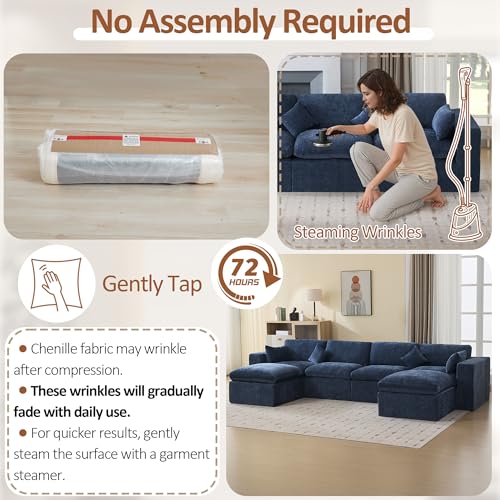 Image of 146''Cloud Boneless Sectional Couch, Modular Sectional Sofa Deep Seat with 2 Ottomans, Oversized Upholstered Convertible Comfy 6 Seater Chenille Sofa U Shape Couches for Living Room, Navy