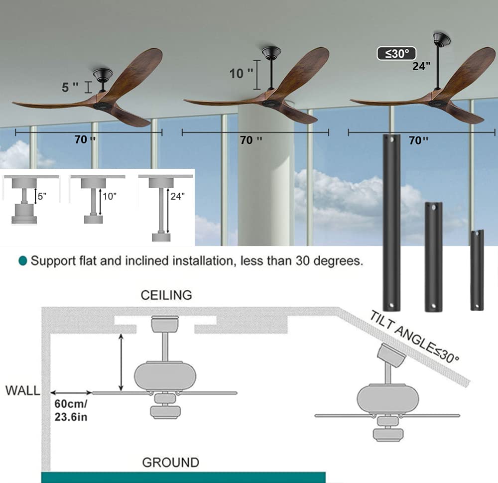 177cm Deckenventilator Groß ohne Licht, Deckenventilatoren Holz mit Fernbedienung, Deckenventilator Leise Schlafzimmer, 1/4/8 Timing, Speicherfunktion, DC Motor für Innen/Außen，Große Windmenge
