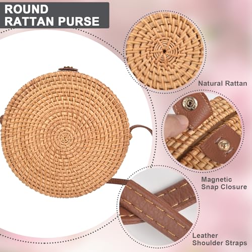 Women Round Rattan Purse Set - Woven Straw Basket Crossbody Bag with 2 Pairs Rattan Earring, Summer Boho Beach Handbag Tote4