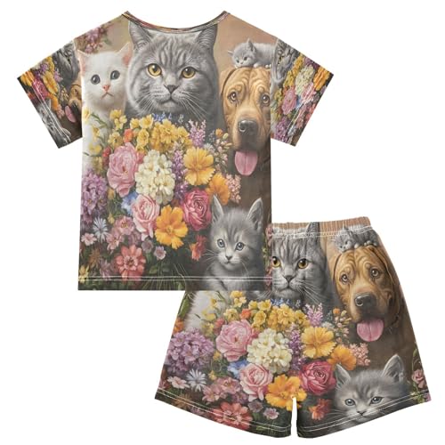 ALAZA Family Cat Dog Blossom Pajamas Set Short Sleeve Cotton Sleepwear Summer Pjs 2 Piece 5-14Y2