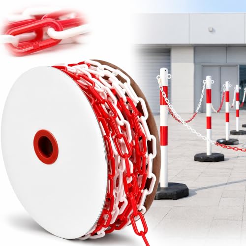 25m Absperrkette Rot Weiß Kunststoff: 8 mm Stärke Kette zum Absperren Warnkette aus Kunststoff für Baustelle Parkplatz Warteschlangen und Auftragspflege (1 Rollen)