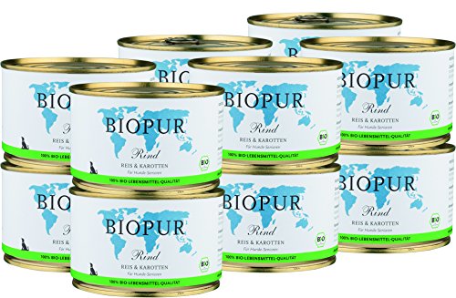 BIOPUR Tiernahrung Bio Hundefutter Rind, Reis & Karotten für Hunde-Senioren 12x400g