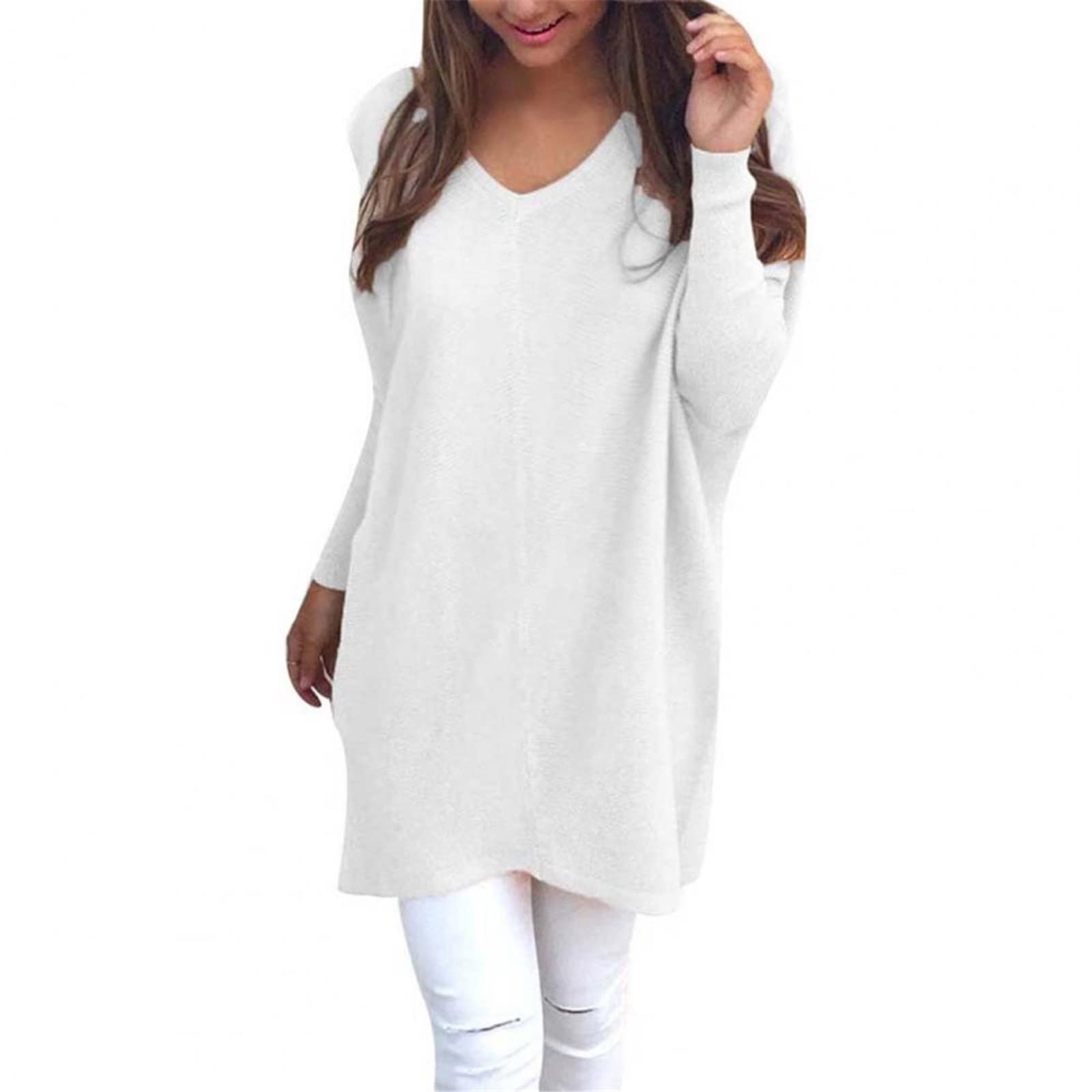 Kelsiop Damen Pullover Casual Langarm V-Ausschnitt Lose Strickpullover Top Pullover Mode Lose Shirt