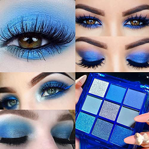 9 Colors Blue Eyeshadow Pallet, Cool Toned Matte Shimmer Glitter Eyeshadow, Natural Neutral Blue Shiny Eyeshadow Ultimate Makeup Palette, Vibrant Make Up Pallets Kit (9 colors-Blue)