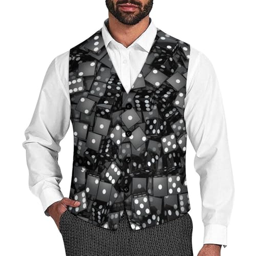 Black Dice with White Spots Men's Suit Vest Slim Fit V-Ncek Waistcoat Business Casual Vest