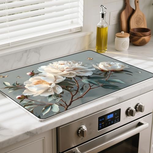 BSFHH Heat-Resistant Glass Stove Top Cover with Anti-Slip Rubber Coating – 28.5x20.5 Inch Electric Stove Protector, Scratch-Resistant, Expands Counter Space (White flowers, 28.5"L x 20.5"W) by BSFHH - Used condition - US$14.13