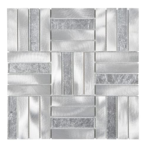Modket Basketweave Parquet Brushed Aluminum Metallic Mosaic Tile Blended With Glass Insert Mesh Mounted Backsplash Kitchen / Bathroom / Accent Wall Am-599 - Sample #TOP2