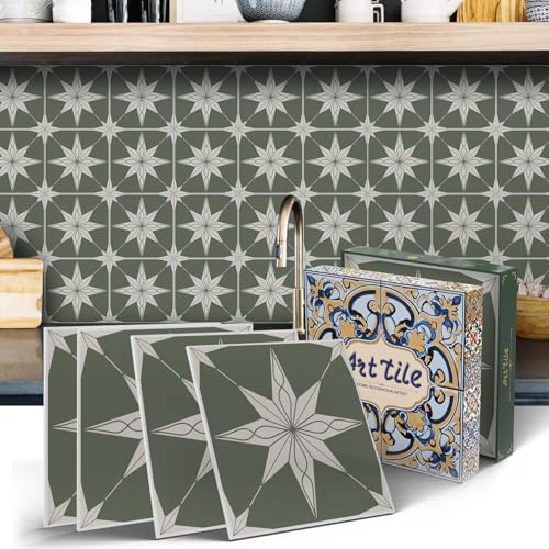 Alwayspon 12 Sheet 15x15cm Thicken Vinyl Wall Tile Sticker Transfers, Peel and Stick Self-Adhesive Waterproof Splashback Stick on Tile Decals for Kitchen Bathroom Wall, Sage Green