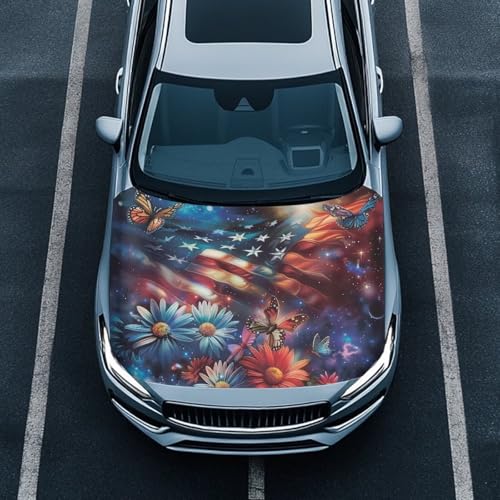 Image of 3.3x5 Ft American Flag Butterfly Prints Car Hood Cover Polyester Elastic Fabric Covers for Car Hood Stretchable Universal Auto Accessories for Most Automotive Trucks Pickup SUV