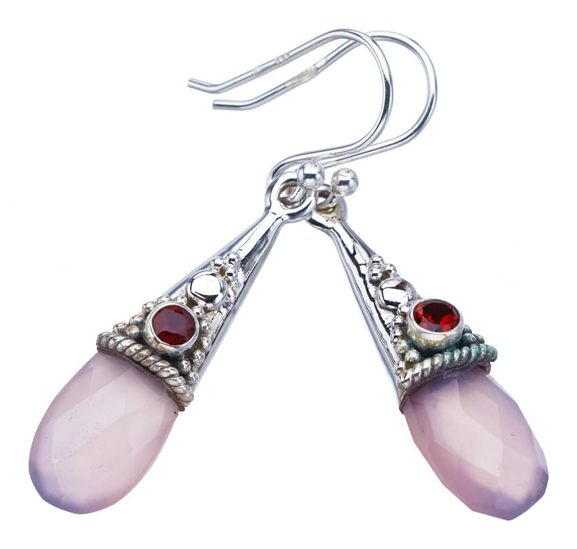 Boucles d'oreilles grenat et rose quartz argent sterling fait main F6143
