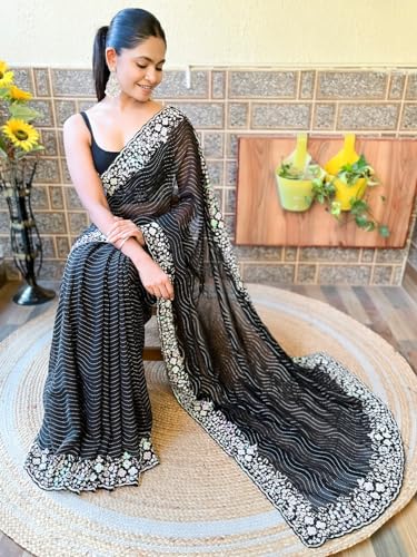 Image of AKHILAM Women's Multicolor Georgette Embellished Saree with Unstitched Blouse Piece(KESARI9501 KR Parent)