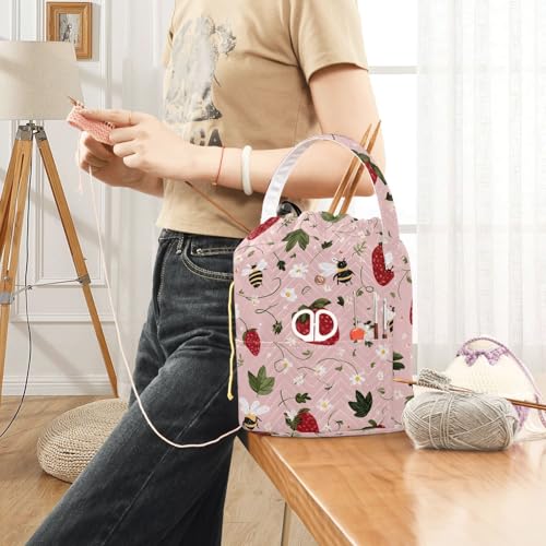 Image of ElliTarr Crochet Bag Yarn Bag with Handle Portable Knitting Project Bag Travel Yarn Storage Organizer Holder Case Bees Flowers Strawberries Pink