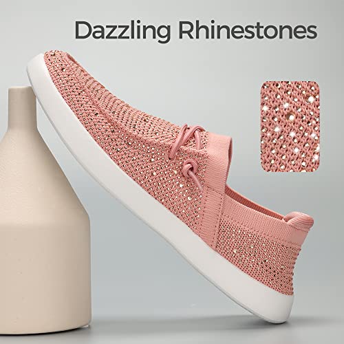 Image of BELOS Women's Rhinestone Lace Up Loafers Shoes | Comfortable Slip On Mesh Knit Walking Shoes Fashion Lightweight Sparkly Glitter Sneaker