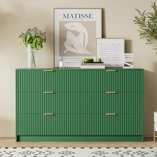 Image of Furniway Green Dresser for Bedroom, Modern Dresser with 6 Drawers and Smooth Slides, Wide Chest of Drawers with Golden Handles for Bedroom, Living Room, Closet, 15.7 inch D x 55.1 inch W x 31.4 inch H