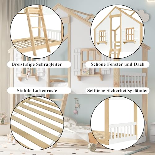 Zravenna Hochbett Hausbett 90x200 mit Schöne Fenster und Dach, Etagenbett für 2 Kinder mit Leiter und Sicherheitsgeländer, Bettrahmen aus Massiver Kiefer (Natur+Weiß-C, 90x200cm)