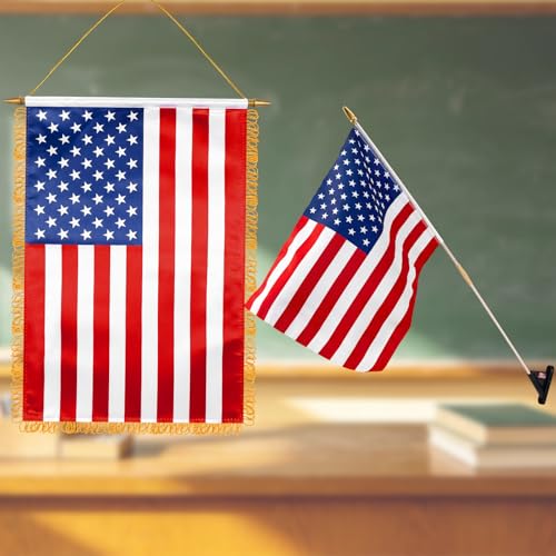 Chicplaid 2 Pack American Flag for Classroom American Wall Hanging Banner National Flag with Wall Mount Bracket 12 x 18 Inch Patriotic Classroom Decor for Home School Door Office Club