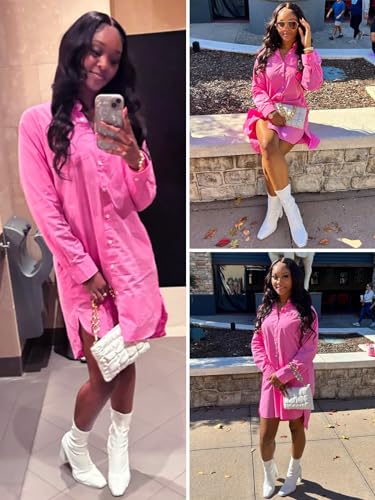 Image of Aoudery Womens Button Down Shirt Dresses with Pockets Cotton Button Up Tunics Long Sleeve Solid High Low Blouse Tops