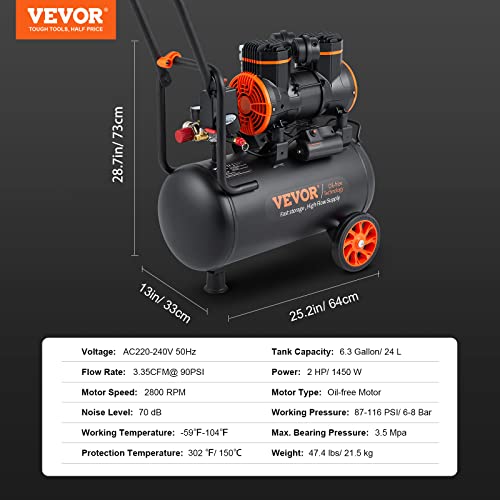 VEVOR 6.3 Gallon Air Compressor, 2 HP 3.35 CFM@90PSI Air Compressors with Max. 116PSI Pressure, Oil Free Compressor Tank for Auto Repair, Tire Inflation, Spray Painting, Woodwork Nailing - Image 7