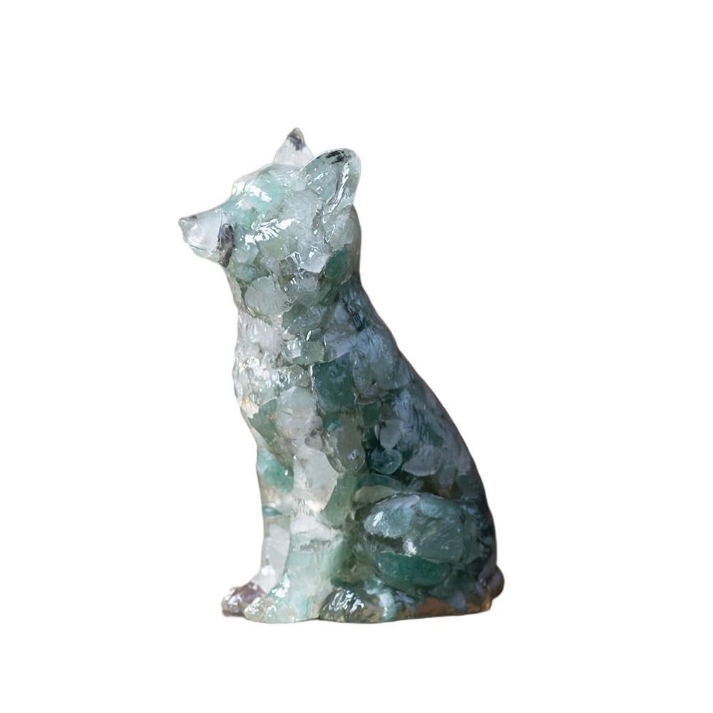 HUFFA Natural Crystal Chips and Epoxy Resin Dog Figurine Decoration for Home, Office, and Living Room(Green aventurine)