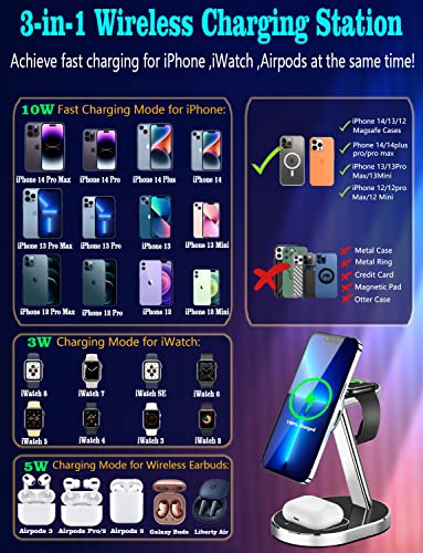 Aluminum Alloy 3 In 1 Magnetic Wireless Charging Station,Fast Wireless Charging Compatible With Magsafe Charger Stand For Iphone 14 13 12 Pro/Pro Max/Mini/14 Plus,Apple Watch 8 7 Se 6 5 4 3 2,Airpods #TOP2