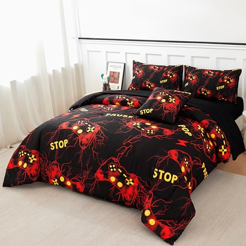 Image of ZRNBAST Gamer Comforter Set Full Size, Red Gaming Bedding Set for Boys, Lightning Game Console Microfiber Bed Sets, 6 Pieces Teen Game Gamepad Bed in a Bag (Red,Full)
