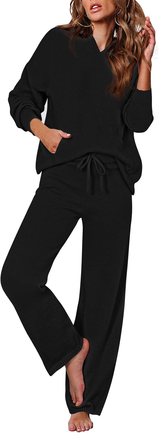 Viottiset Women's 2 Piece Outfits Sweater Set Long Sleeve Hoodies With Pocket Wide Leg Pants Lounge Sets Tracksuit Black Medium