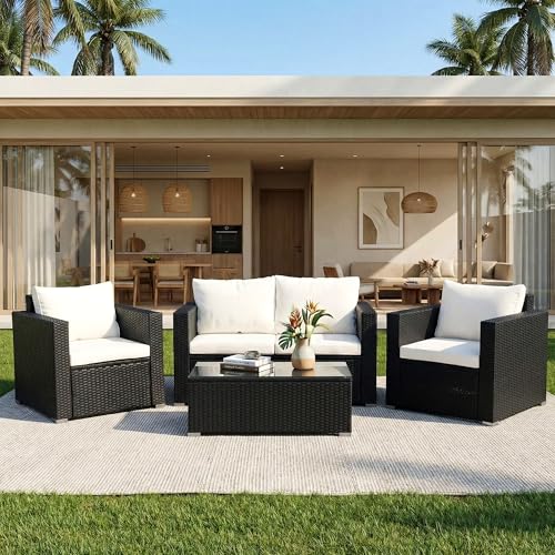 Image of OUTLIVING Outdoor 4 Seater Sofa Set | Balcony Sofa | Patio Furniture Sets | Conversation Sets | Wicker | Garden | Balcony | (Black-White)