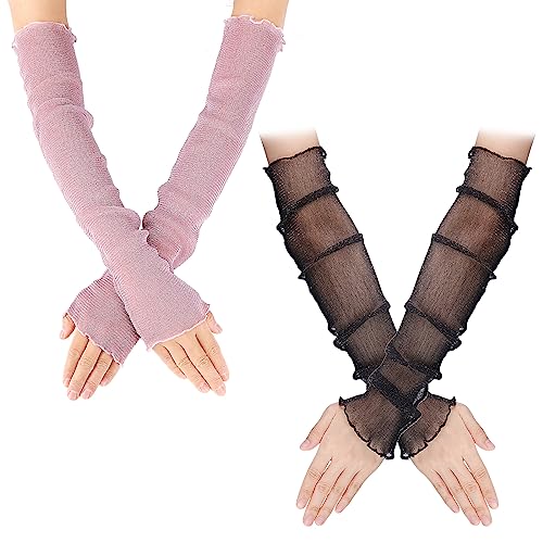 2 Paar Armstulpen Damen Kühlung Arm Ärmel Lange Ultradünne Fingerlose Ellbogen Sommerhandschuhe Sonnenschutz UV Schutz Kühles Netz Tül Fingerlose Armstulpen Perfekt Party Outdoor Sportaktivitäten
