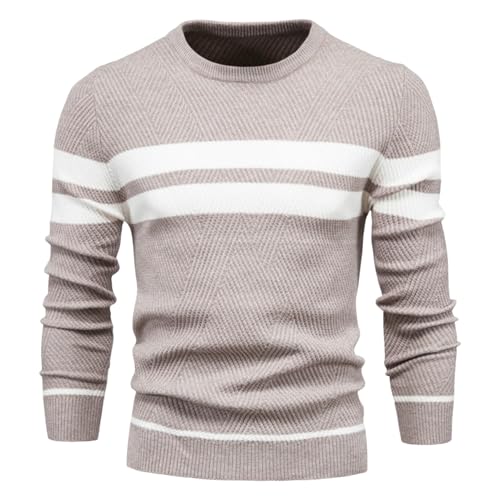 USTZFTBCL Men's Autumn Winter Casual Color Block Striped Round Neck Pullover Knit Sweater