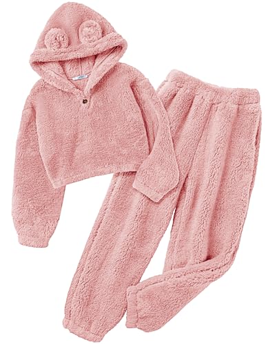 Image of Arshiner Girls 2 Piece Outfits Sweatsuit Fuzzy Long Sleeve Bear Ear Hoodie Sweatshirt and Sweatpant Kids Clothing Sets