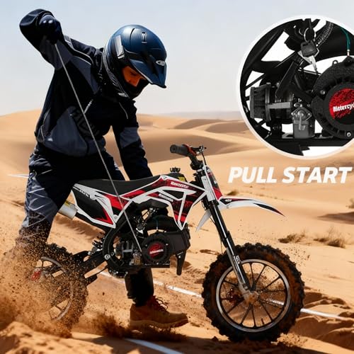 Image of 50cc Dirt Bike Gas Powered, 2-Stroke Kids Mini Bike Motorcycle Off Road Motocross Children Pocket Motorbike with Front Rear Disc Brakes Pull Start Ideal Holiday Birthday Gift for Kids 8-14 Black