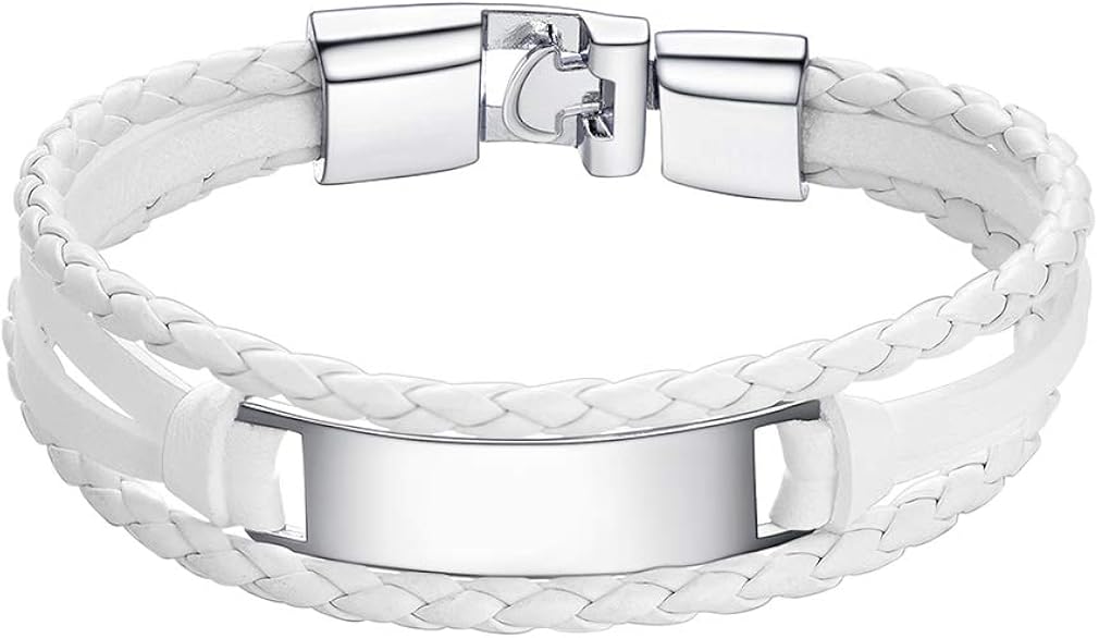 Custom4U White PU Leather Bracelet for Girls Women Lovely Braided Strands Leather Rope Bracelet Gifts for 3rd Anniversary