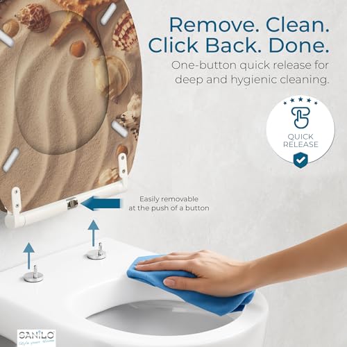 Image of Sanilo Wooden Toilet Seat with Quick Release & Soft Close [ROUND] - Decorative & Slow Close Molded Wood Seat - With One Click for Easy Installation & Cleaning - With Adjustable Fit (Sanibel)