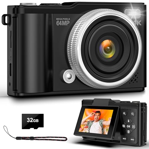 4K 64MP Digitalkamera mit 32 GB TF-Karte, 180° Drehbildschirm Autofokus Kamera Fotoapparat mit Makrofunktion und 16-fachem Digitalzoom Kompaktkamera mit USB-Kabel für Teenager Junge Mädchen 8-16 Jahre