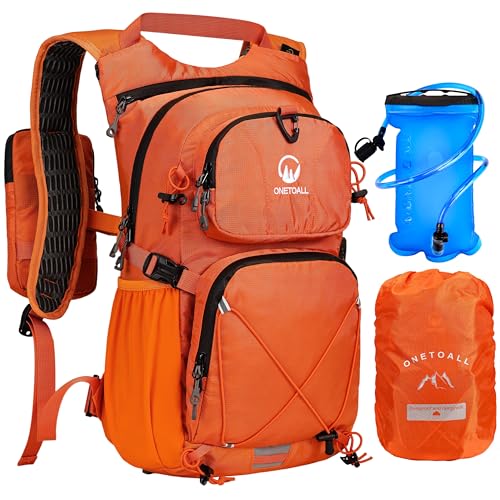 ONETOALL Hydration Backpack with 2L Water Bladder 22L Waterproof Hiking Backpack with Rain Cover Insulated Compartment for Running Cycling Walking Camping & Skiing Orange