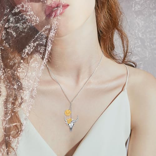 Bull-Necklace-925-Sterling-Silver-Bull-Skull-Head-with-Sunflower-Pendant-Cowgirl-Cowboy-Necklace-Boho-Western-Country-Jewelry-Gifts-for-Women Bull Necklace 925 Sterling Silver Bull Skull Head with Sunflower Pendant Cowgirl Cowboy Necklace Boho Western Country Jewelry Gifts for Women