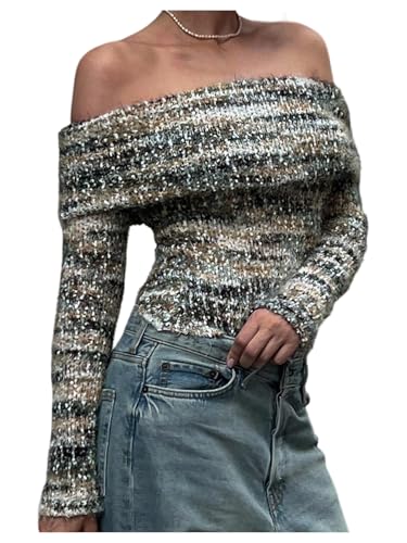 SOLY HUX Women's Off The Shoulder T Shirt Striped Fuzzy Tee Long Sleeve Y2k Going Out Tops Multicolor Small