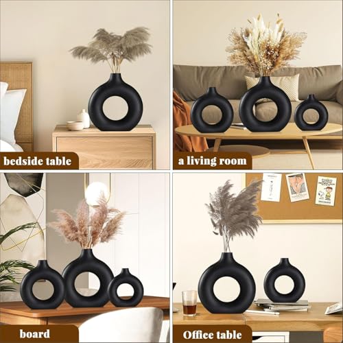 Image of White Donut Vase Hollow Ceramic Vase for Flowers Handmade Minimalist Style Modern Home Decor Round Shape Table Party Living Room Office Bedroom (Black S. M L)