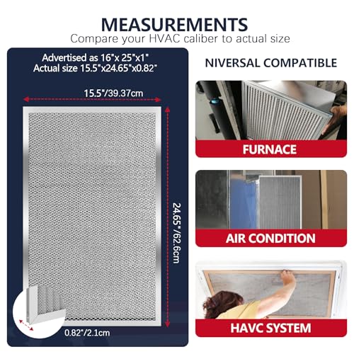 Image of 16x25x1 Electrostatic Air Filter, MERV 8 Reusable Aluminum AC /HVAC Furnace Filters, Washable Permanent Air Filter, Lasts a Lifetime, Easy to Clean (Actual Size:15.50x24.65x0.82)